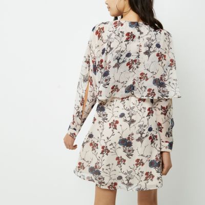 Cream floral print smock wrap dress